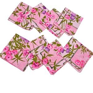 Vintage 90s Floral Cloth Napkins Set of 8 Bright Neon Pink Purple‎ Bamboo Print